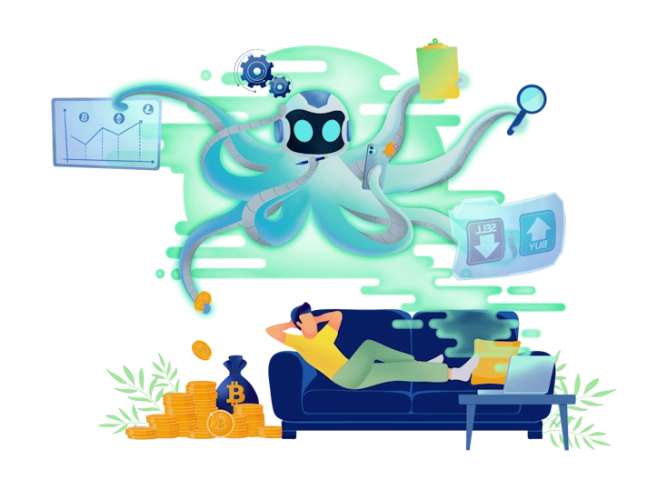 An investor relaxing in his couch while OctoBot is making money by automating cryptocurrency strategies