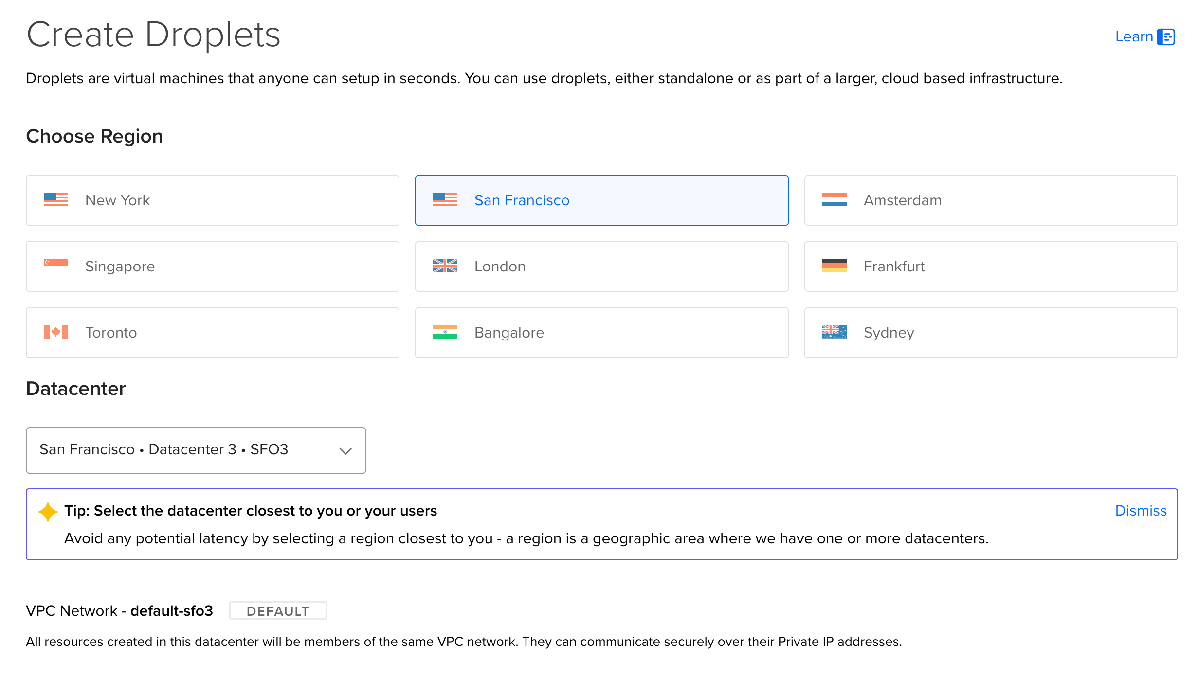 DigitalOcean Droplet choose region