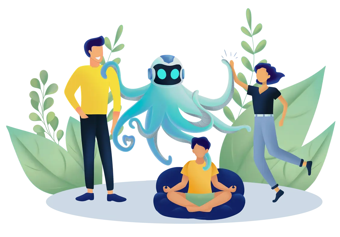OctoBot with 3 happy relaxed investors giving high five feeling safe and comfortable
